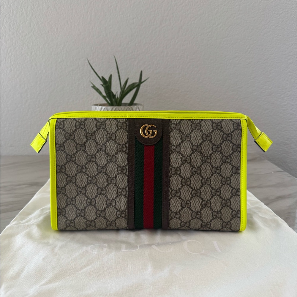 Authentic Gucci Neon Yellow and Beige GG Supreme Clutch